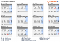 Kalender 2033 mit Ferien und Feiertagen Paraguay