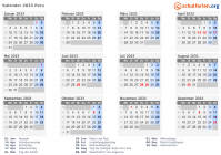 Kalender 2033 mit Ferien und Feiertagen Peru
