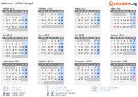 Kalender 2033 mit Ferien und Feiertagen Portugal