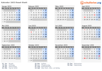 Kalender 2033 mit Ferien und Feiertagen Basel-Stadt