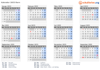 Kalender 2033 mit Ferien und Feiertagen Bern