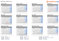 Kalender 2033 mit Ferien und Feiertagen Jura