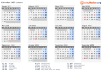 Kalender 2033 mit Ferien und Feiertagen Luzern