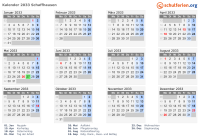 Kalender 2033 mit Ferien und Feiertagen Schaffhausen