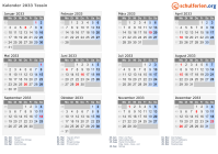 Kalender 2033 mit Ferien und Feiertagen Tessin