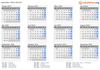 Kalender 2033 mit Ferien und Feiertagen Zürich