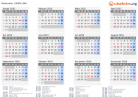 Kalender 2033 mit Ferien und Feiertagen USA