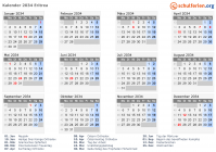Kalender 2034 mit Ferien und Feiertagen Eritrea