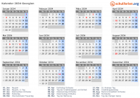 Kalender 2034 mit Ferien und Feiertagen Georgien
