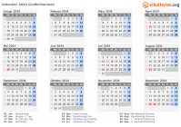 Kalender 2034 mit Ferien und Feiertagen Großbritannien