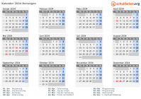 Kalender 2034 mit Ferien und Feiertagen Norwegen