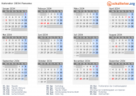 Kalender 2034 mit Ferien und Feiertagen Panama