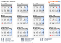 Kalender 2034 mit Ferien und Feiertagen Rumänien