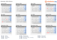 Kalender 2034 mit Ferien und Feiertagen Glarus