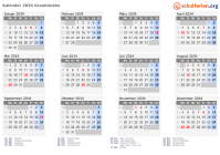 Kalender 2034 mit Ferien und Feiertagen Graubünden