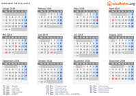 Kalender 2034 mit Ferien und Feiertagen Luzern