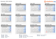Kalender 2034 mit Ferien und Feiertagen Wallis