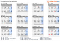 Kalender 2034 mit Ferien und Feiertagen Sierra Leone