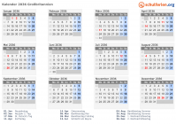 Kalender 2036 mit Ferien und Feiertagen Großbritannien
