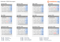 Kalender 2036 mit Ferien und Feiertagen Norwegen