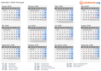 Kalender 2036 mit Ferien und Feiertagen Portugal