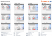 Kalender 2036 mit Ferien und Feiertagen USA