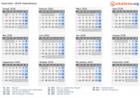 Kalender 2036 mit Ferien und Feiertagen Usbekistan