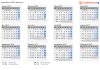 Kalender 2037 mit Ferien und Feiertagen Andorra