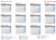 Kalender 2037 mit Ferien und Feiertagen Japan
