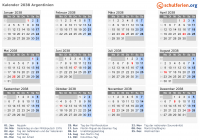 Kalender 2038 mit Ferien und Feiertagen Argentinien