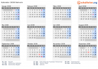 Kalender 2038 mit Ferien und Feiertagen Bahrain