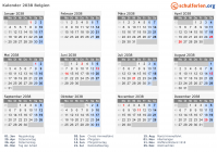Kalender 2038 mit Ferien und Feiertagen Belgien