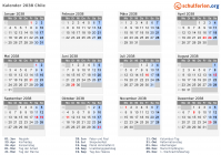Kalender 2038 mit Ferien und Feiertagen Chile