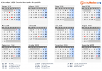 Kalender 2038 mit Ferien und Feiertagen Dominikanische Republik