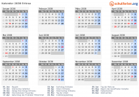 Kalender 2038 mit Ferien und Feiertagen Eritrea