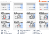 Kalender 2038 mit Ferien und Feiertagen Georgien