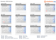 Kalender 2038 mit Ferien und Feiertagen Guinea