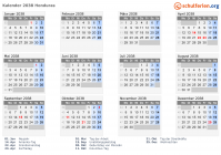 Kalender 2038 mit Ferien und Feiertagen Honduras