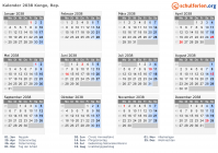 Kalender 2038 mit Ferien und Feiertagen Kongo, Rep.