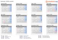 Kalender 2038 mit Ferien und Feiertagen Lesotho