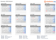 Kalender 2038 mit Ferien und Feiertagen Malawi