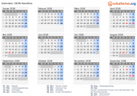 Kalender 2038 mit Ferien und Feiertagen Namibia