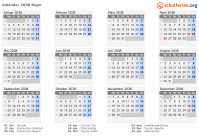 Kalender 2038 mit Ferien und Feiertagen Niger