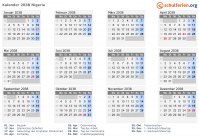 Kalender 2038 mit Ferien und Feiertagen Nigeria
