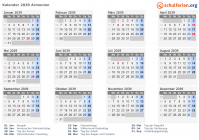 Kalender 2039 mit Ferien und Feiertagen Armenien