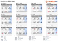 Kalender 2039 mit Ferien und Feiertagen Australien