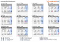 Kalender 2039 mit Ferien und Feiertagen Slowenien