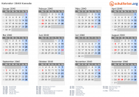 Kalender 2040 mit Ferien und Feiertagen Kanada