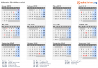 Kalender 2040 mit Ferien und Feiertagen Österreich