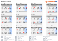 Kalender 2040 mit Ferien und Feiertagen USA